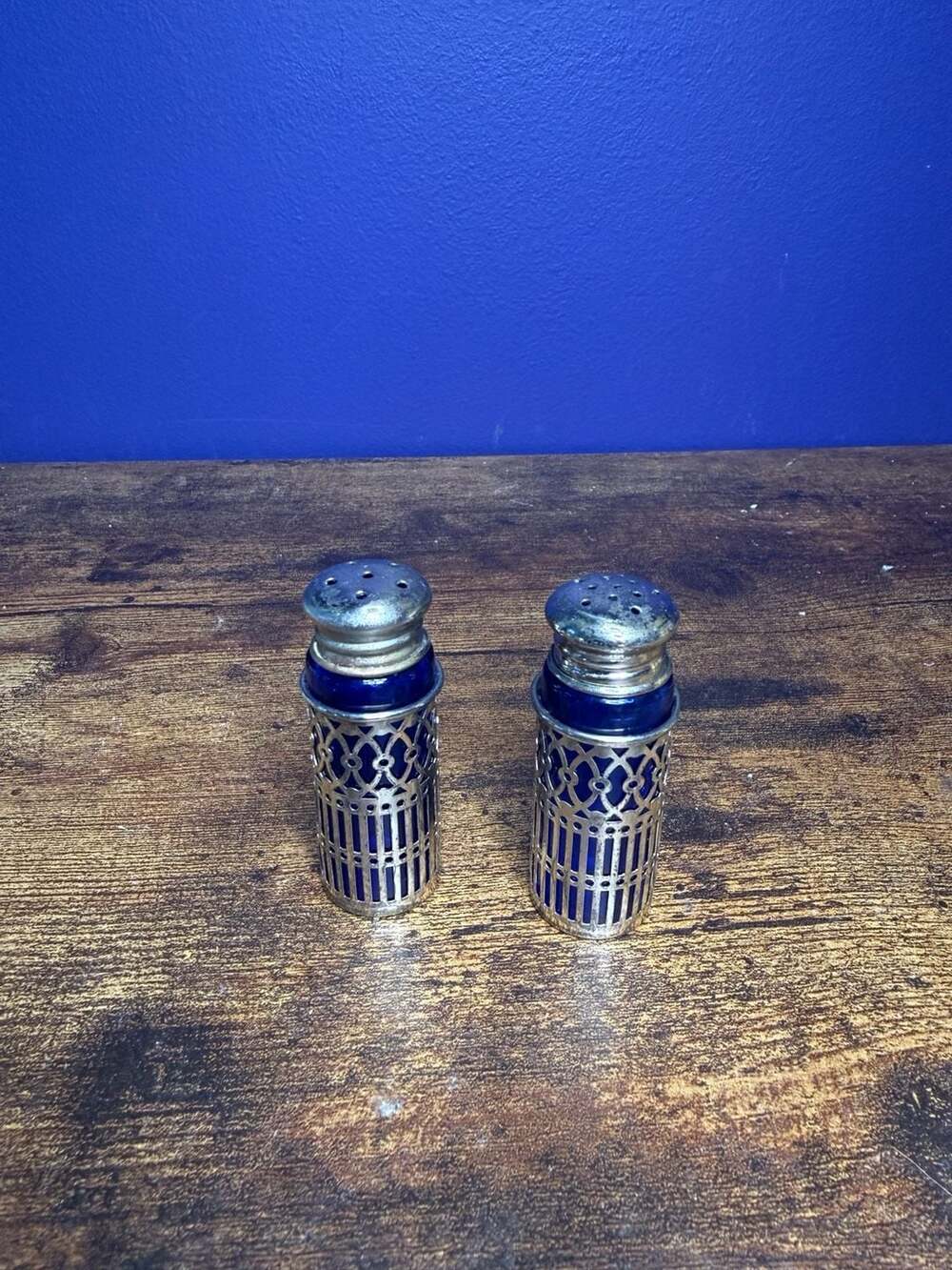 Vintage Cobalt Blue Glass Salt&Pepper Shakers with Ornate Metal Filigree Sleeves